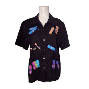 Citi Dress Linen Blend Embroidered Shoe Button Shirt Size 10 Beach Cruise Vacay
